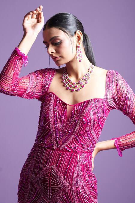 Shop_Parul Gandhi_Pink Silk, Cotton Sequins, Crystals Prism Jewel Embellished Mermaid Gown _Online_at_Aza_Fashions