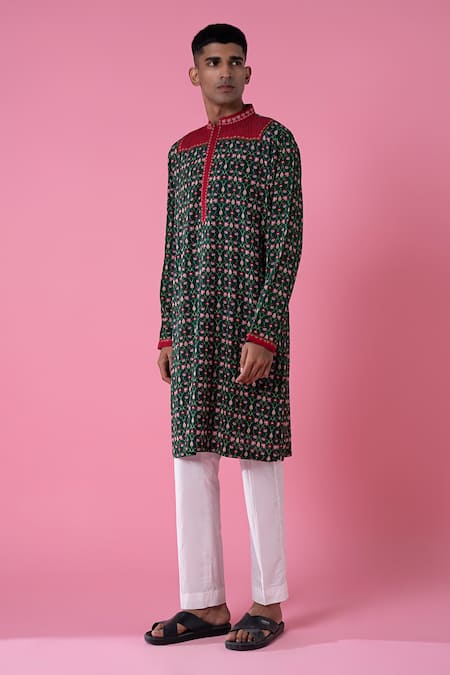 Shop Siddhartha Bansal Green Cotton Dobby Stripe Embroidery Flower Kurta Set Online at Aza Fashions Shop_Siddhartha Bansal_Green Cotton Dobby Stripe Embroidery Flower Kurta Set _Online_at_Aza_Fashions