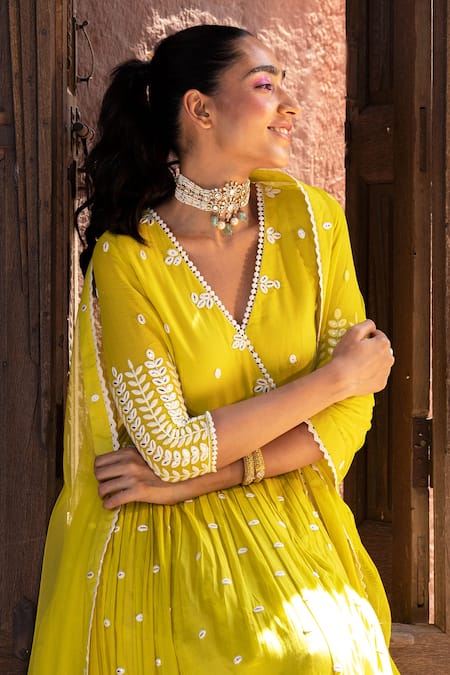 Preevin_Green Cotton, Tulle, Net Lace V-neck Leaf Pattern Angrakha Anarkali With Dupatta _Online_at_Aza_Fashions