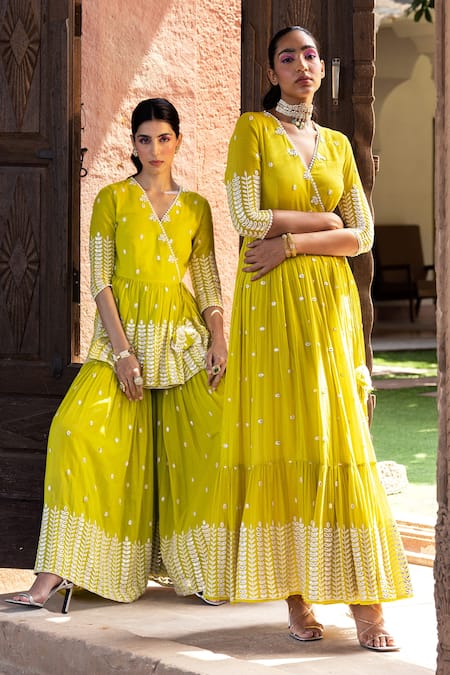 Shop_Preevin_Green Cotton, Tulle, Net Lace V-neck Leaf Pattern Angrakha Anarkali With Dupatta _Online_at_Aza_Fashions
