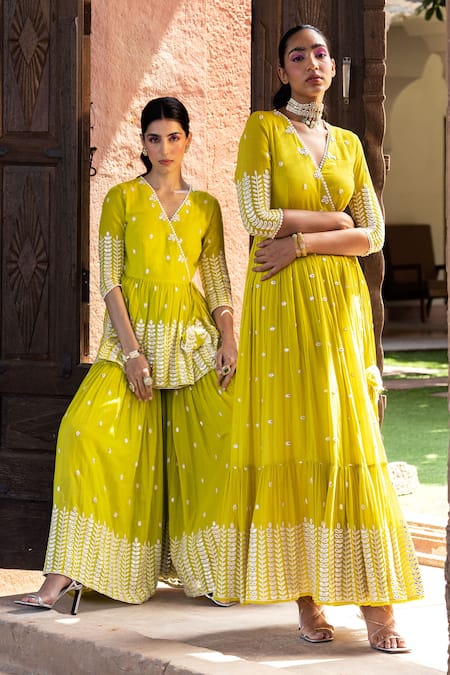 Preevin_Green Cotton, Tulle Embroidery, Mirrors Leaf Pattern Peplum Angrakha Sharara Set _Online_at_Aza_Fashions