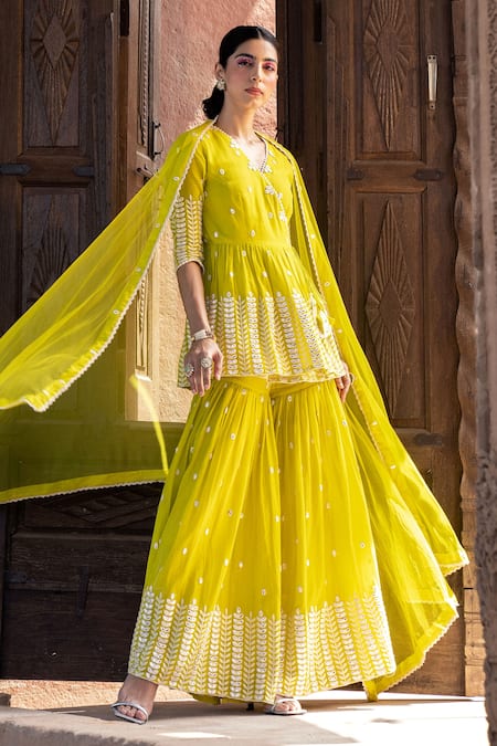 Buy_Preevin_Green Cotton, Tulle Embroidery, Mirrors Leaf Pattern Peplum Angrakha Sharara Set _Online_at_Aza_Fashions