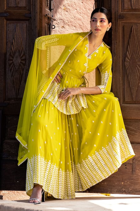 Shop_Preevin_Green Cotton, Tulle Embroidery, Mirrors Leaf Pattern Peplum Angrakha Sharara Set _Online_at_Aza_Fashions