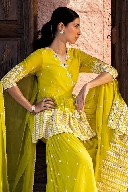Preevin_Green Cotton, Tulle Embroidery, Mirrors Leaf Pattern Peplum Angrakha Sharara Set _at_Aza_Fashions