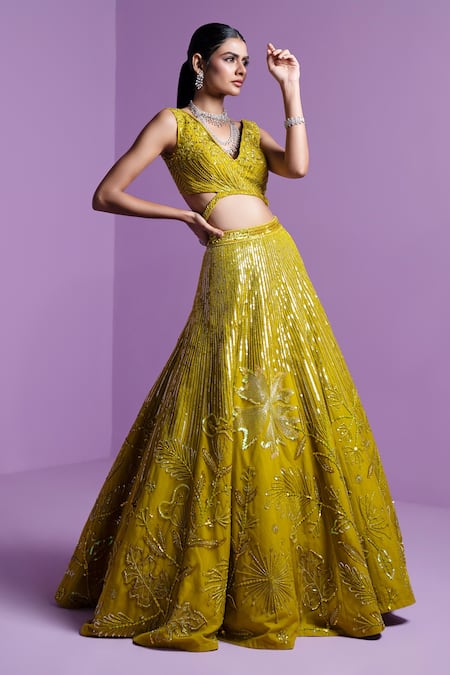 Parul Gandhi_Green Silk, Organza Sequins, Crystals Embroidered Floral Spectrum Lehenga Set _Online_at_Aza_Fashions