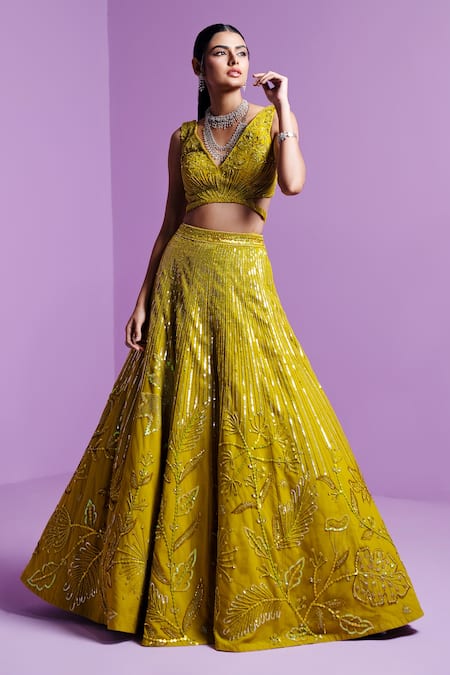 Buy_Parul Gandhi_Green Silk, Organza Sequins, Crystals Embroidered Floral Spectrum Lehenga Set _Online_at_Aza_Fashions