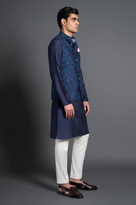 Raghavendra Rathore Jodhpur Blue Silk Embroidery Floral Waistcoat Online at Aza Fashions Raghavendra Rathore Jodhpur_Blue Silk Embroidery Floral Waistcoat _Online_at_Aza_Fashions