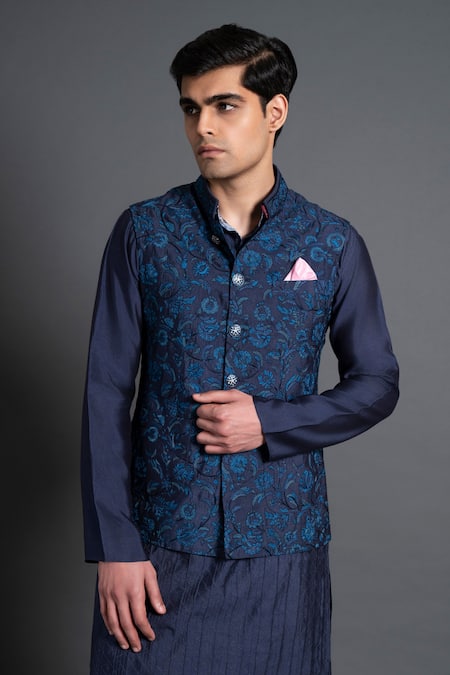 Buy Raghavendra Rathore Jodhpur Blue Silk Embroidery Floral Waistcoat Online at Aza Fashions Buy_Raghavendra Rathore Jodhpur_Blue Silk Embroidery Floral Waistcoat _Online_at_Aza_Fashions