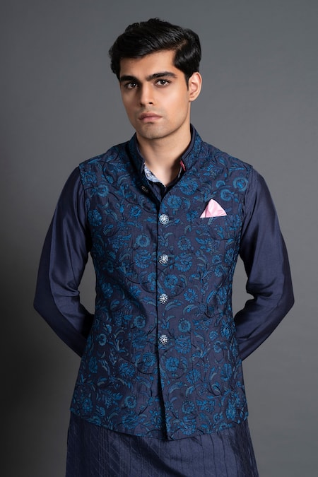 Shop Raghavendra Rathore Jodhpur Blue Silk Embroidery Floral Waistcoat Online at Aza Fashions Shop_Raghavendra Rathore Jodhpur_Blue Silk Embroidery Floral Waistcoat _Online_at_Aza_Fashions