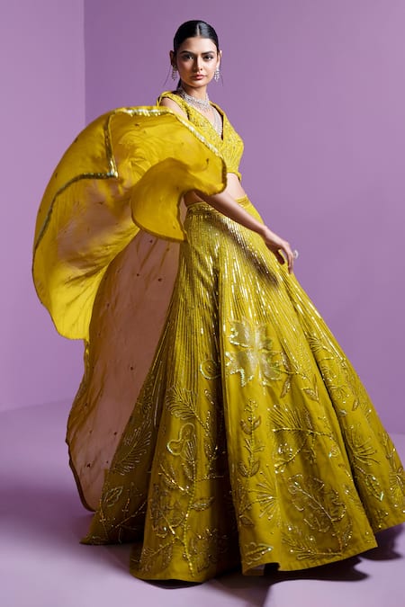 Shop_Parul Gandhi_Green Silk, Organza Sequins, Crystals Embroidered Floral Spectrum Lehenga Set _Online_at_Aza_Fashions
