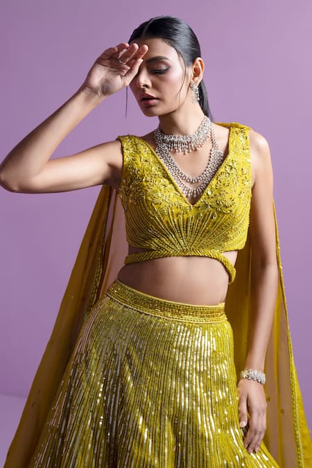 Parul Gandhi_Green Silk, Organza Sequins, Crystals Embroidered Floral Spectrum Lehenga Set _at_Aza_Fashions
