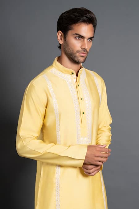 Raghavendra Rathore Jodhpur Yellow Silk Embroidery Panelled Kurta Online at Aza Fashions Raghavendra Rathore Jodhpur_Yellow Silk Embroidery Panelled Kurta _Online_at_Aza_Fashions