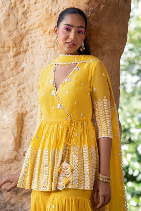 Preevin_Yellow Cotton, Tulle, Net Embroidery, Lace, Leaf Peplum Angrakha Sharara Set _Online_at_Aza_Fashions