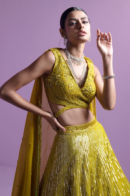 Buy_Parul Gandhi_Green Silk, Organza Sequins, Crystals Embroidered Floral Spectrum Lehenga Set 