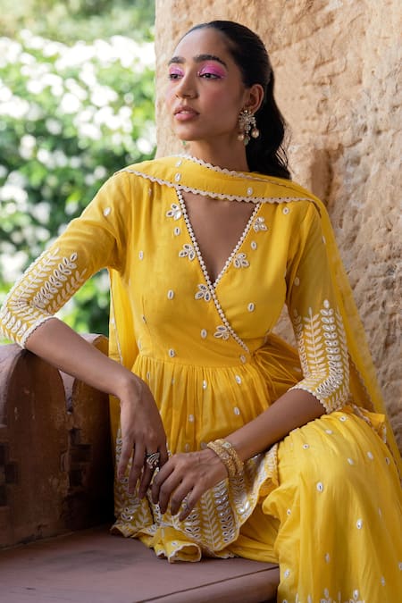 Buy_Preevin_Yellow Cotton, Tulle, Net Embroidery, Lace, Leaf Peplum Angrakha Sharara Set _Online_at_Aza_Fashions