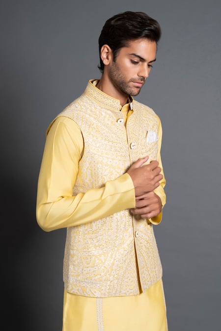 Buy_Raghavendra Rathore Jodhpur_Yellow Silk Sequins Geometric Embroidered Waistcoat _Online_at_Aza_Fashions