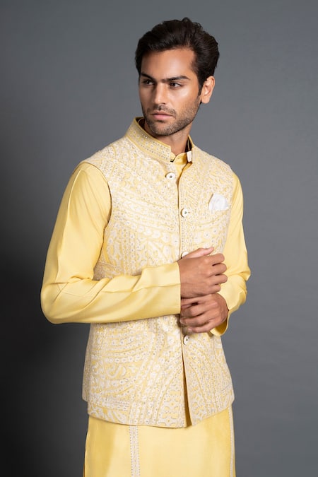 Shop_Raghavendra Rathore Jodhpur_Yellow Silk Sequins Geometric Embroidered Waistcoat _Online_at_Aza_Fashions