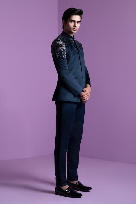 Buy_Contrast By Parth_Blue Suede Embroidery Astral Prism Embellished Bandhgala With Pant _Online_at_Aza_Fashions