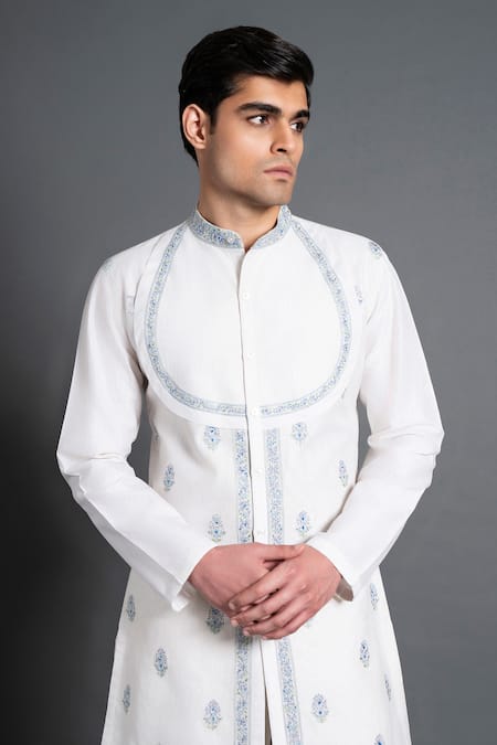 Shop Raghavendra Rathore Jodhpur White Silk Embroidery Angrakha Kurta Online at Aza Fashions Shop_Raghavendra Rathore Jodhpur_White Silk Embroidery Angrakha Kurta _Online_at_Aza_Fashions