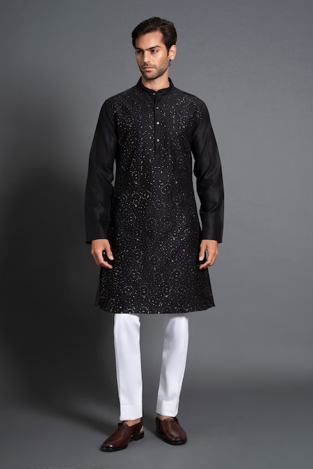 Raghavendra Rathore Jodhpur Black Silk Embroidery Chikankari And Mukaish Work Kurta Online at Aza Fashions Raghavendra Rathore Jodhpur_Black Silk Embroidery Chikankari And Mukaish Work Kurta _Online_at_Aza_Fashions