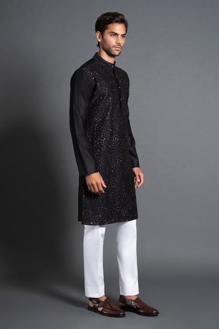 Buy Raghavendra Rathore Jodhpur Black Silk Embroidery Chikankari And Mukaish Work Kurta Online at Aza Fashions Buy_Raghavendra Rathore Jodhpur_Black Silk Embroidery Chikankari And Mukaish Work Kurta _Online_at_Aza_Fashions