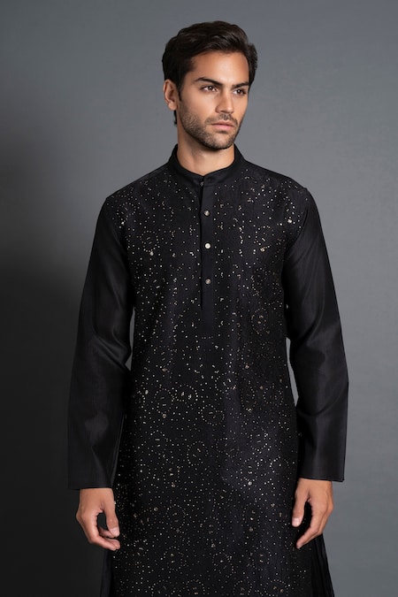 Shop Raghavendra Rathore Jodhpur Black Silk Embroidery Chikankari And Mukaish Work Kurta Online at Aza Fashions Shop_Raghavendra Rathore Jodhpur_Black Silk Embroidery Chikankari And Mukaish Work Kurta _Online_at_Aza_Fashions