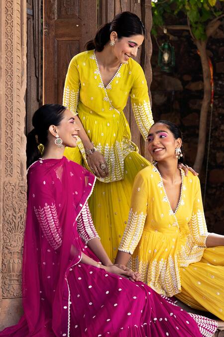 Preevin_Fuchsia Cotton, Tulle, Net Embroidery V-neck Leaf Angrakha Anarkali With Dupatta _Online_at_Aza_Fashions