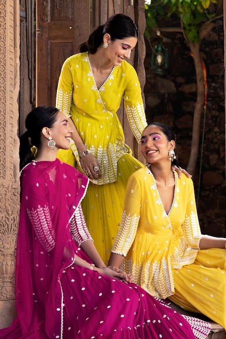 Buy_Preevin_Green Cotton, Tulle Embroidery, Mirrors Leaf Pattern Peplum Angrakha Sharara Set 