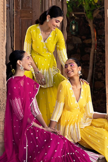 Shop_Preevin_Yellow Cotton, Tulle, Net Embroidery, Lace, Leaf Peplum Angrakha Sharara Set _Online_at_Aza_Fashions