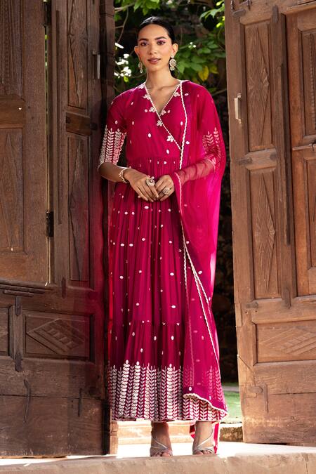 Preevin Red Cotton, Tulle, Net Leaf Thread Work Angrakha Anarkali With Dupatta Online at Aza Fashions Preevin_Red Cotton, Tulle, Net Leaf Thread Work Angrakha Anarkali With Dupatta _Online_at_Aza_Fashions