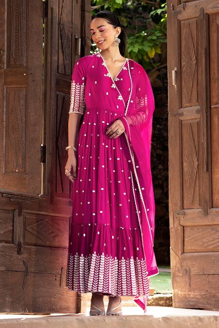 Buy_Preevin_Fuchsia Cotton, Tulle, Net Embroidery V-neck Leaf Angrakha Anarkali With Dupatta _Online_at_Aza_Fashions