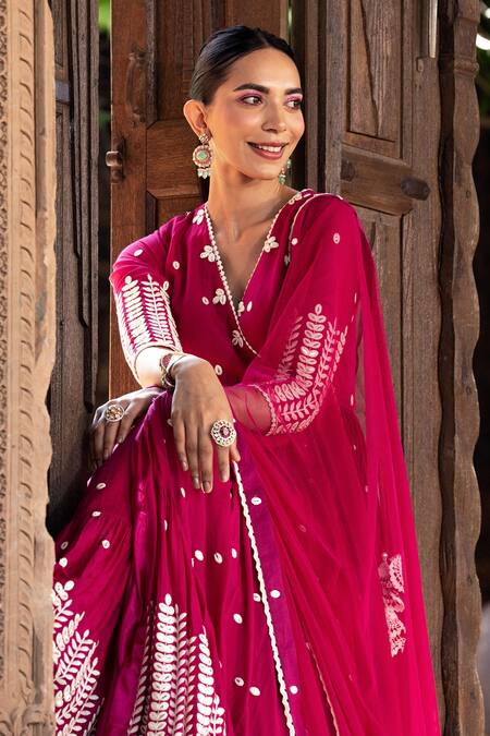 Buy Preevin Red Cotton, Tulle, Net Leaf Thread Work Angrakha Anarkali With Dupatta Online at Aza Fashions Buy_Preevin_Red Cotton, Tulle, Net Leaf Thread Work Angrakha Anarkali With Dupatta _Online_at_Aza_Fashions