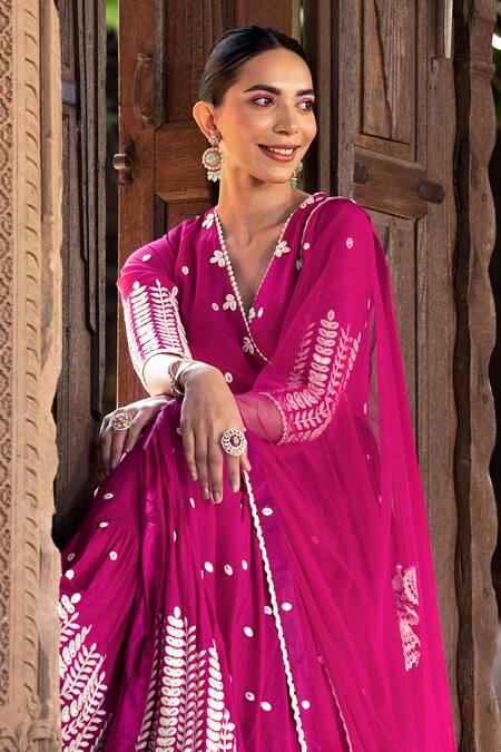 Shop_Preevin_Fuchsia Cotton, Tulle, Net Embroidery V-neck Leaf Angrakha Anarkali With Dupatta _Online_at_Aza_Fashions