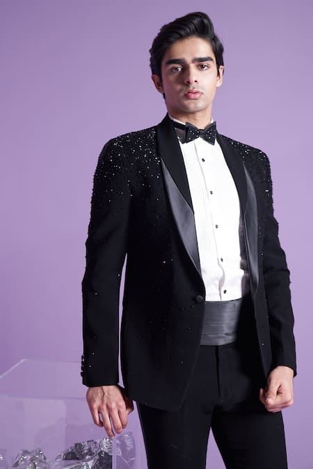 Shop_Contrast By Parth_Black Cotton Embroidery Nightfall Tuxedo Set _Online_at_Aza_Fashions