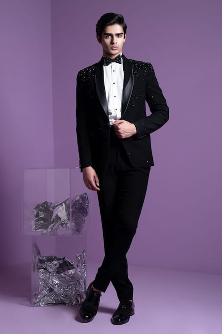 Contrast By Parth_Black Cotton Embroidery Nightfall Tuxedo Set _at_Aza_Fashions