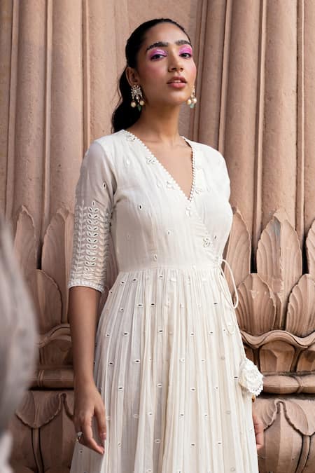 Buy Preevin Off White Cotton, Tulle, Net Embroidery, Lace Angrakha Anarkali With Dupatta Online at Aza Fashions Buy_Preevin_Off White Cotton, Tulle, Net Embroidery, Lace Angrakha Anarkali With Dupatta_Online_at_Aza_Fashions