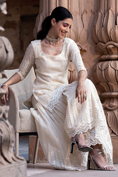 Buy Preevin White Cotton, Shantoon Lace, Mirrors, Embroidery Round Neck Thread Kurta Set Online at Aza Fashions Buy_Preevin_White Cotton, Shantoon Lace, Mirrors, Embroidery Round Neck Thread Kurta Set _Online_at_Aza_Fashions