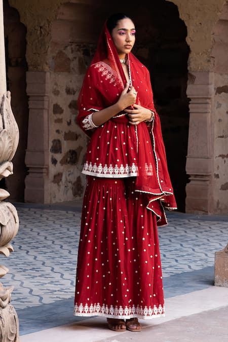 Buy_Preevin_Red Cotton, Net Embroidery, Lace V-neck Triangle Short Angarkha Set _Online_at_Aza_Fashions