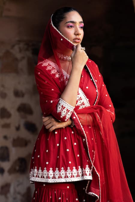 Shop_Preevin_Red Cotton, Net Embroidery, Lace V-neck Triangle Short Angarkha Set _Online_at_Aza_Fashions