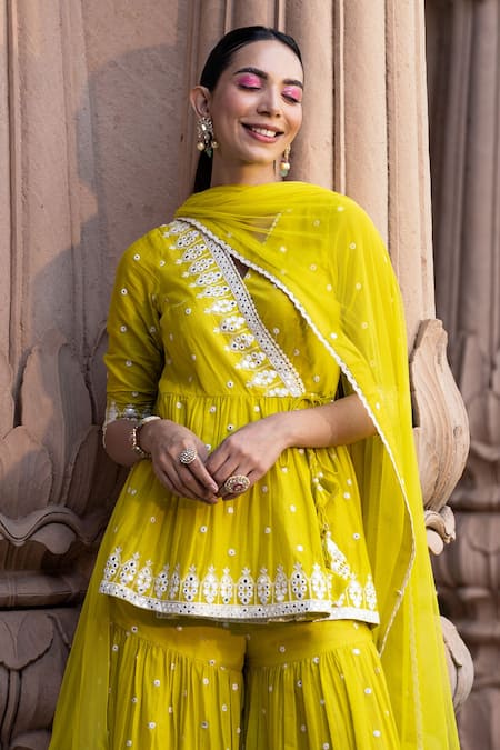 Preevin_Green Cotton, Net Mirrors, Embroidery, Triangle Thread Work Angarkha Sharara Set _Online_at_Aza_Fashions