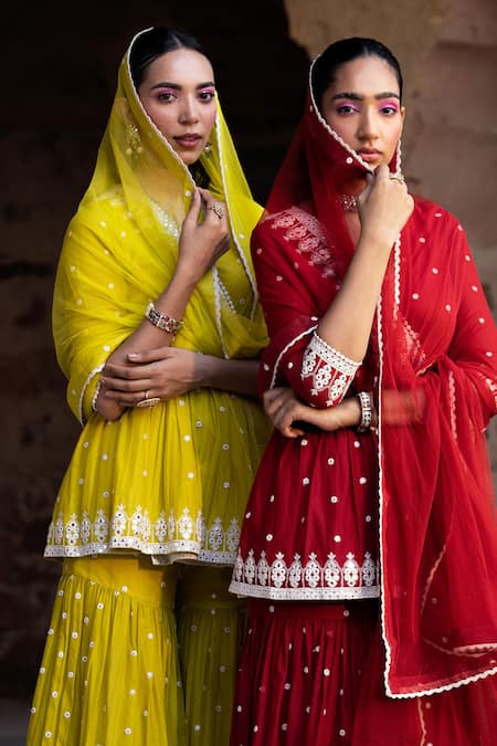 Shop_Preevin_Green Cotton, Net Mirrors, Embroidery, Triangle Thread Work Angarkha Sharara Set _Online_at_Aza_Fashions