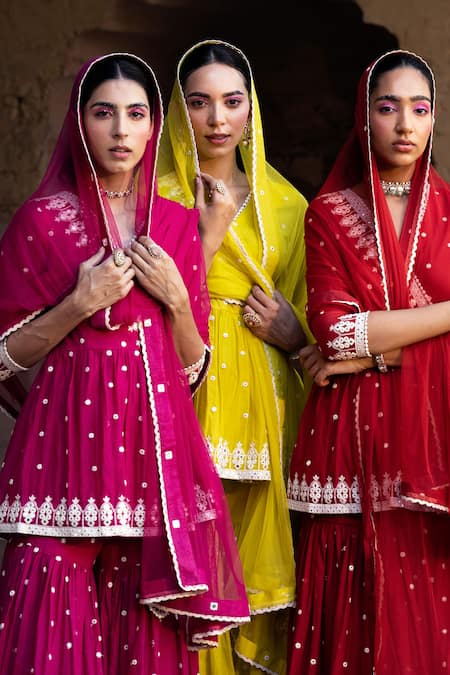 Preevin_Green Cotton, Net Mirrors, Embroidery, Triangle Thread Work Angarkha Sharara Set _at_Aza_Fashions