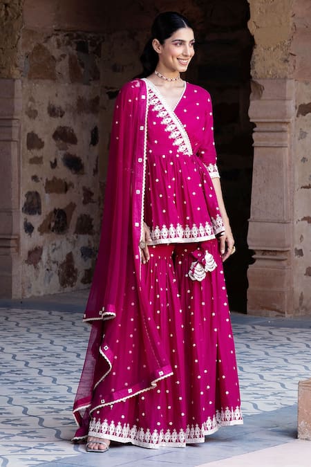 Buy_Preevin_Fuchsia Cotton, Net Embroidery, Lace, Triangle Short Angarkha Sharara Set _Online_at_Aza_Fashions