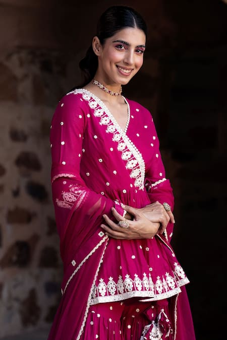 Shop_Preevin_Fuchsia Cotton, Net Embroidery, Lace, Triangle Short Angarkha Sharara Set _Online_at_Aza_Fashions