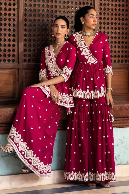 Preevin Fuchsia Cotton, Net Embroidery, Lace V-neck Short Angarkha Sharara Set Online at Aza Fashions Preevin_Fuchsia Cotton, Net Embroidery, Lace V-neck Short Angarkha Sharara Set _Online_at_Aza_Fashions
