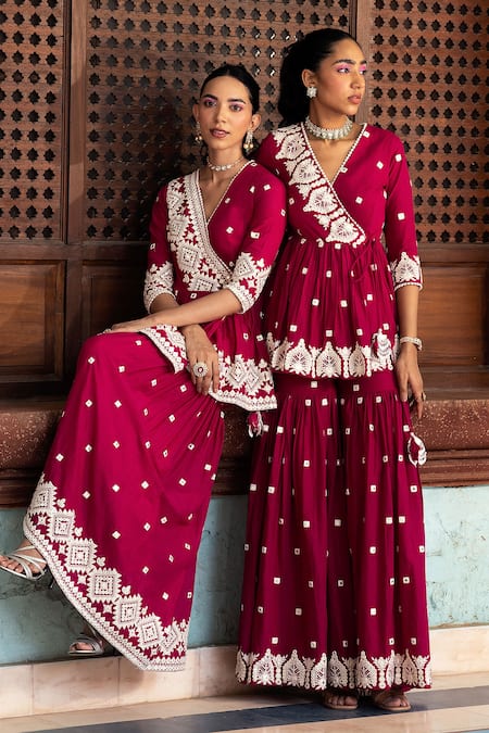 Preevin_Fuchsia Cotton, Tulle, Net Lace, Tassels, Diamond Pattern Peplum Angrakha Set _Online_at_Aza_Fashions