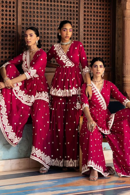 Buy_Preevin_Fuchsia Cotton, Tulle, Net Lace, Tassels, Diamond Pattern Peplum Angrakha Set _Online_at_Aza_Fashions