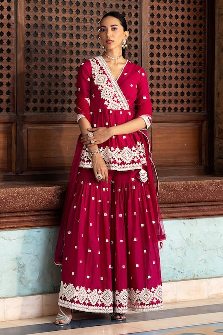 Shop_Preevin_Fuchsia Cotton, Tulle, Net Lace, Tassels, Diamond Pattern Peplum Angrakha Set _Online_at_Aza_Fashions