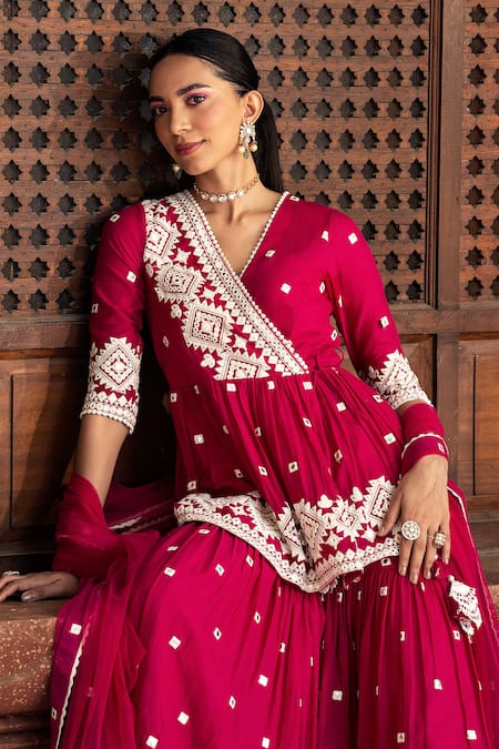 Preevin_Fuchsia Cotton, Tulle, Net Lace, Tassels, Diamond Pattern Peplum Angrakha Set _at_Aza_Fashions
