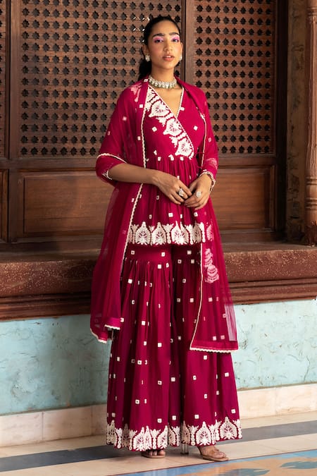 Buy Preevin Fuchsia Cotton, Net Embroidery, Lace V-neck Short Angarkha Sharara Set Online at Aza Fashions Buy_Preevin_Fuchsia Cotton, Net Embroidery, Lace V-neck Short Angarkha Sharara Set _Online_at_Aza_Fashions